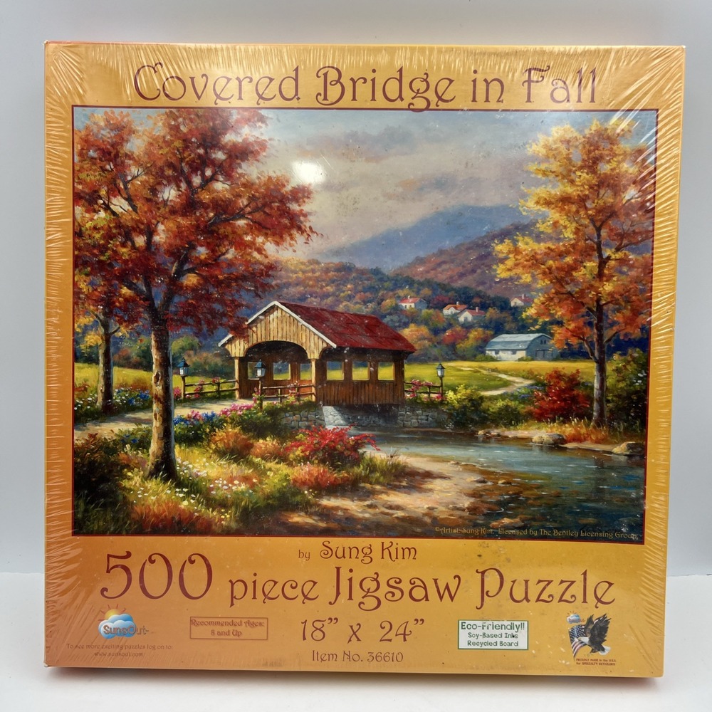 SunsOut Covered Bridge in Fall 500‎ Piece Jigsaw Puzzle By Sung Kim